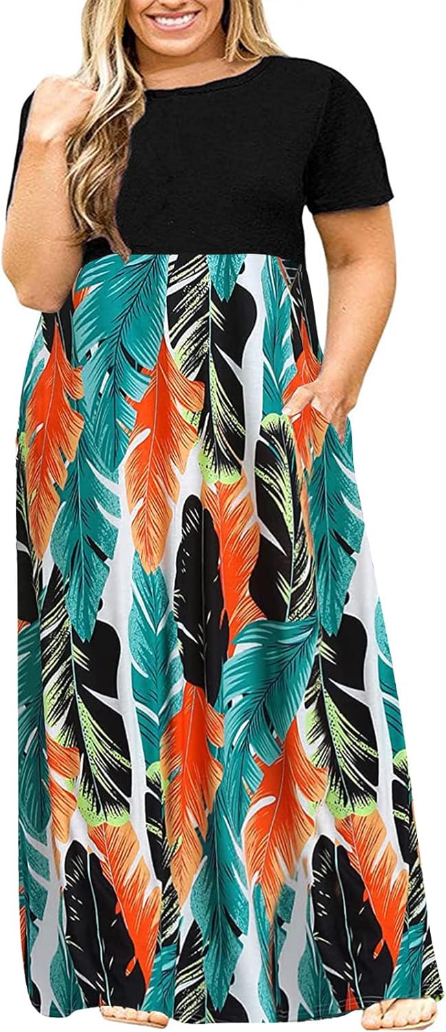Kancystore Women's Short Sleeve Plus Size Maxi Dress with Pockets Loose Casual Summer Dresses