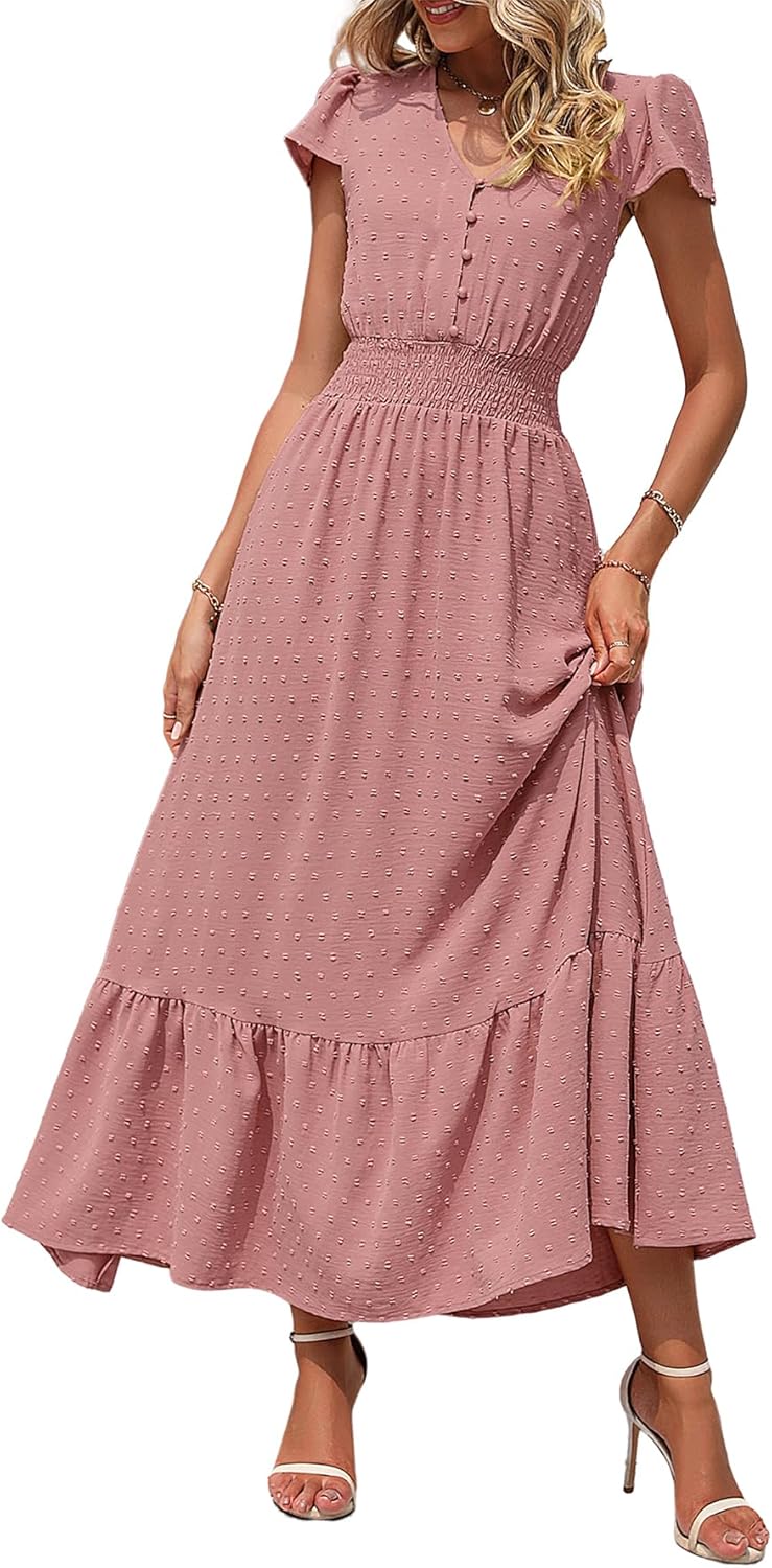 PRETTYGARDEN Womens Dresses 2025 Summer Maxi Dress Boho Short Sleeve V Neck Swiss Dot Ruffle Tiered Smocked Flowy Long Dress
