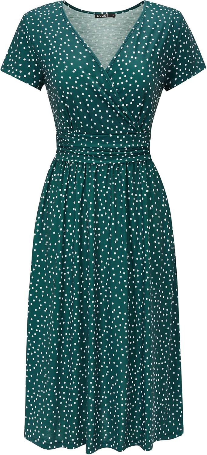 OUGES Women's Summer Short Sleeve V-Neck Floral Short Party Dress with Pockets
