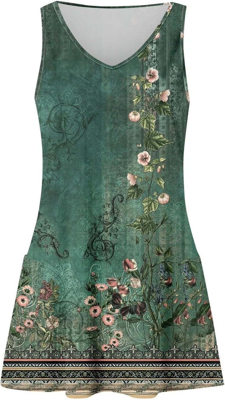 Women's Summer Dresses 2025 Beach Casual Sleeveless Floral Print Boho Tank Dress V Neck Ruffle Dresses