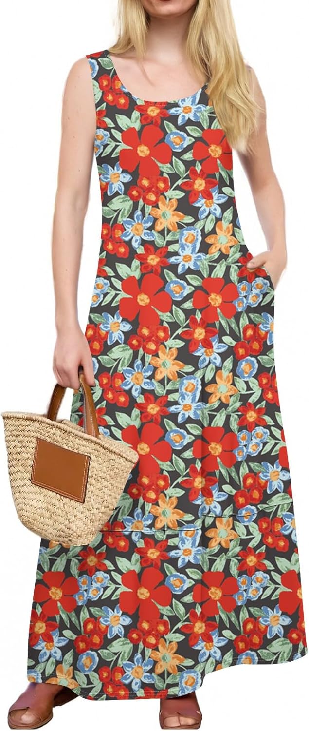 Womens Summer Tank Dress Vacation Boho Floral Long Dresses with Pockets Resort Wear Swing Beach Sleeveless Sundress