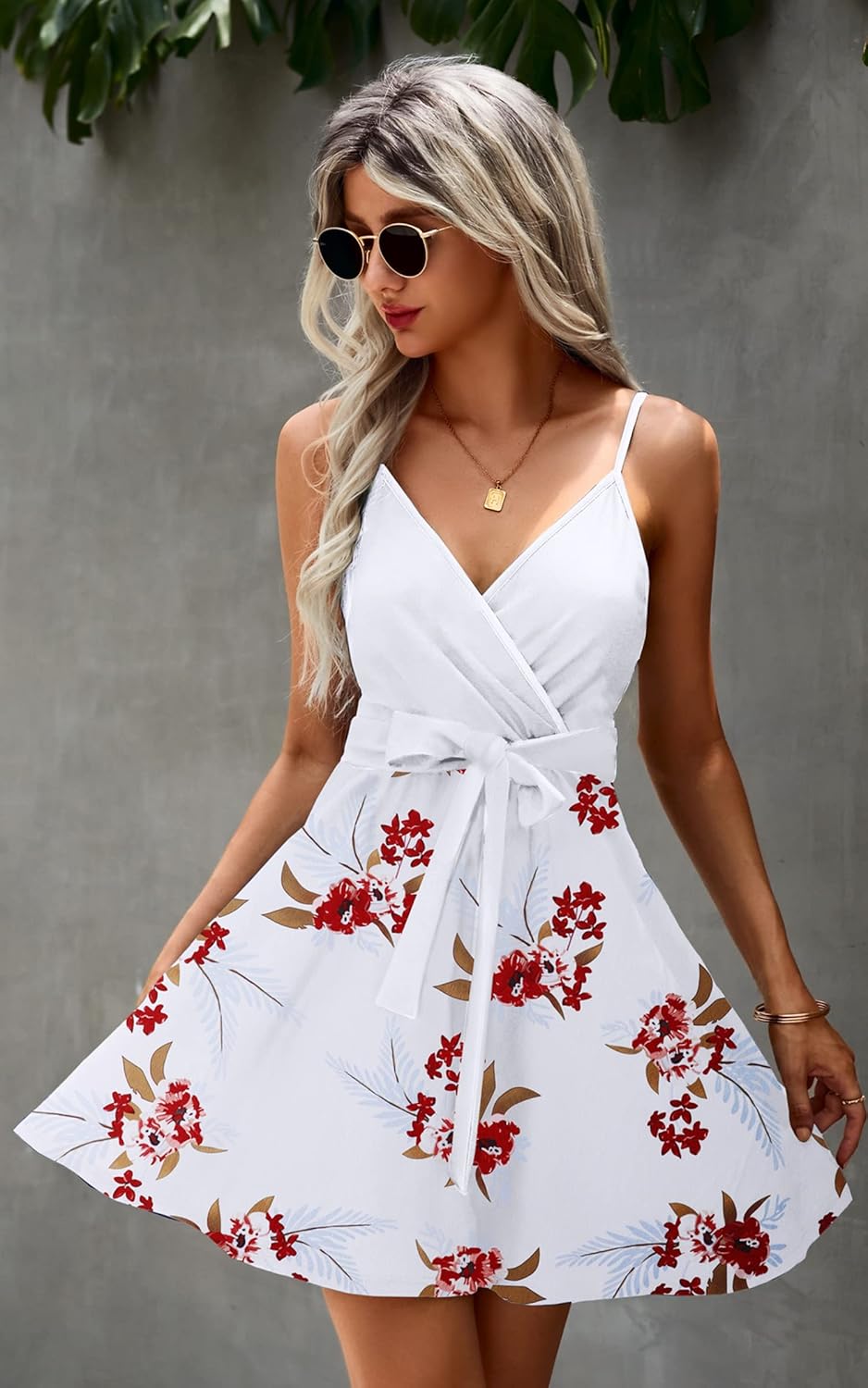 ECOWISH Summer Dresses for Women 2025 V-Neck Spaghetti Strap Bowknot Backless Sleeveless Lace Mini Swing Skater Dress