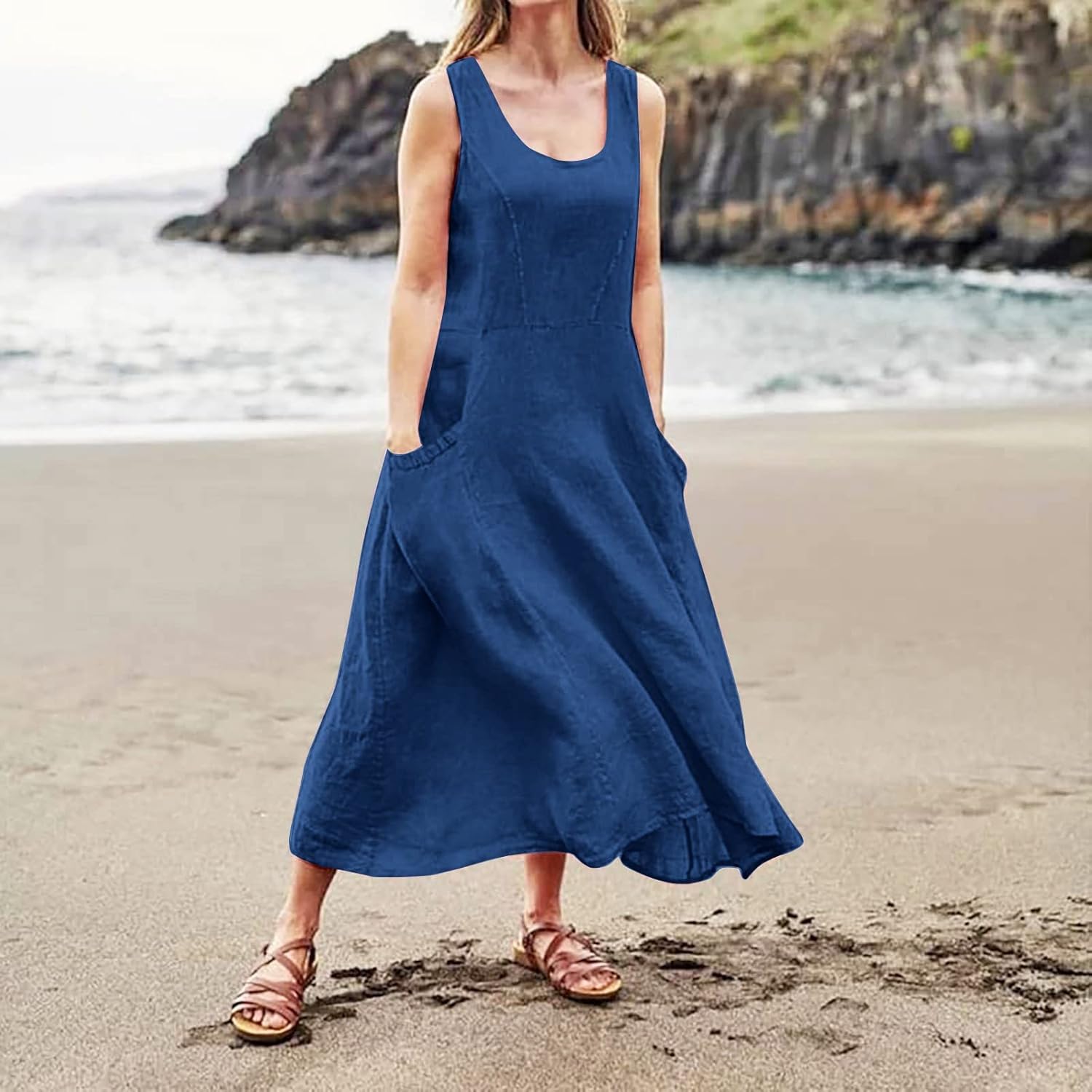 Women's Casual Sleeveless Dresses, Cotton Linen Pocket Dresses Summer Dresses for Women 2024 Sundresses Beach Dress