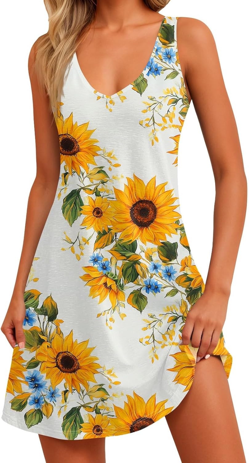 Women's Sleeveless Floral Print Summer Dress Casual V-Neck A-Line Mini Dress for Beach Party and Daily Wear