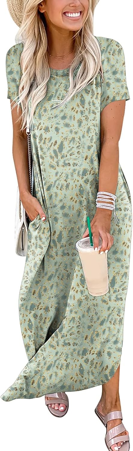 ANRABESS Women's Summer Casual Loose Short Sleeve Long T Shirt Dress Split Maxi Beach Sundress Travel Vacation Outfits