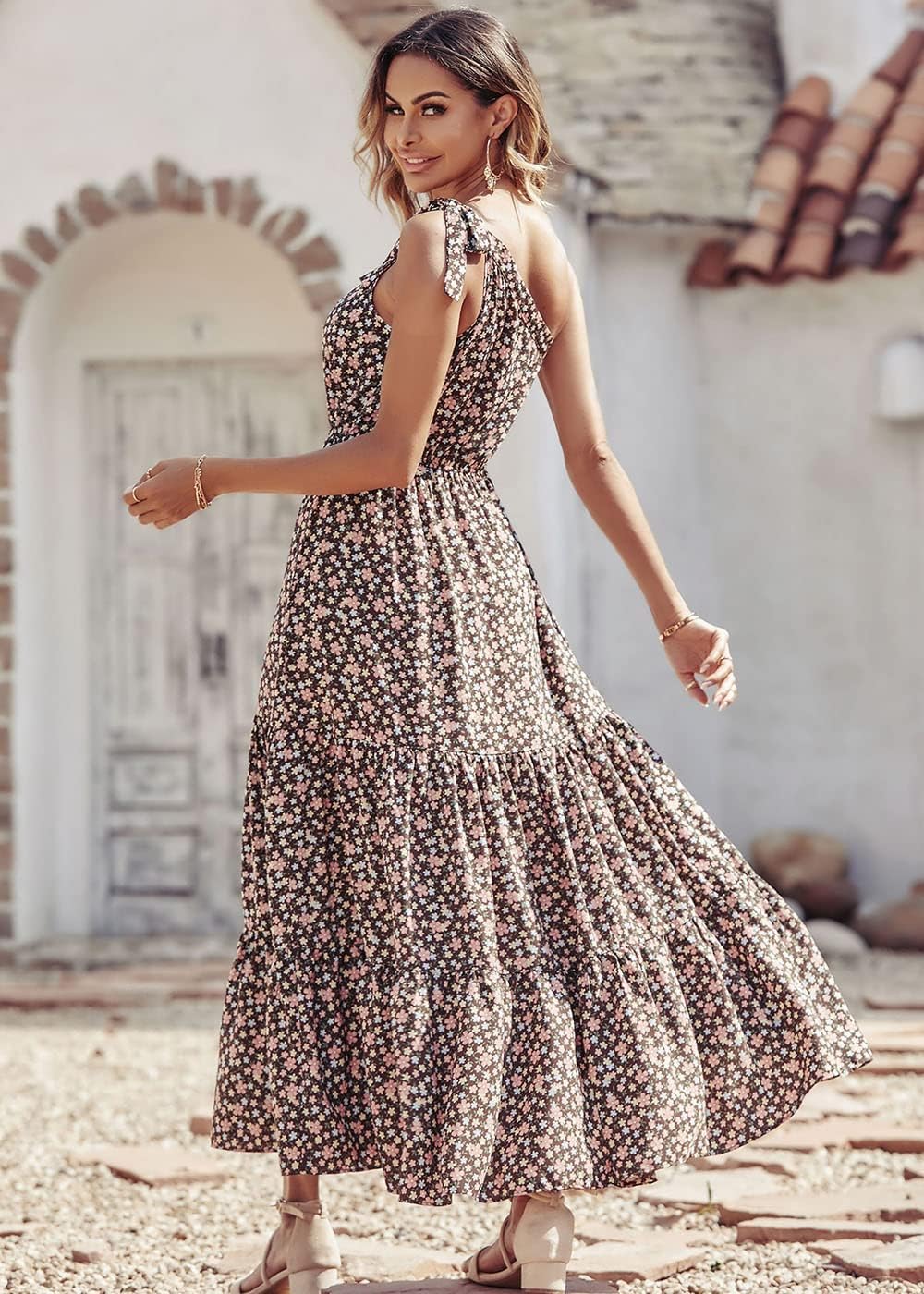 PRETTYGARDEN Women's Summer Floral Maxi Dress Knot One Shoulder Sleeveless Ruffle Flowy Boho Beach Wedding Guest Dresses