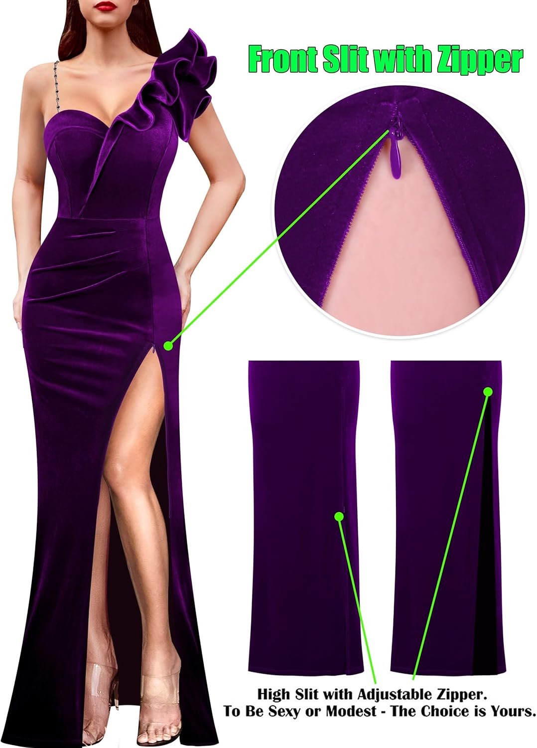 VFSHOW Womens Ruffle One Shoulder Strap Ruched Formal Prom Wedding Maxi Dress V Neck Elegant Split Cocktail Evening Long Gown