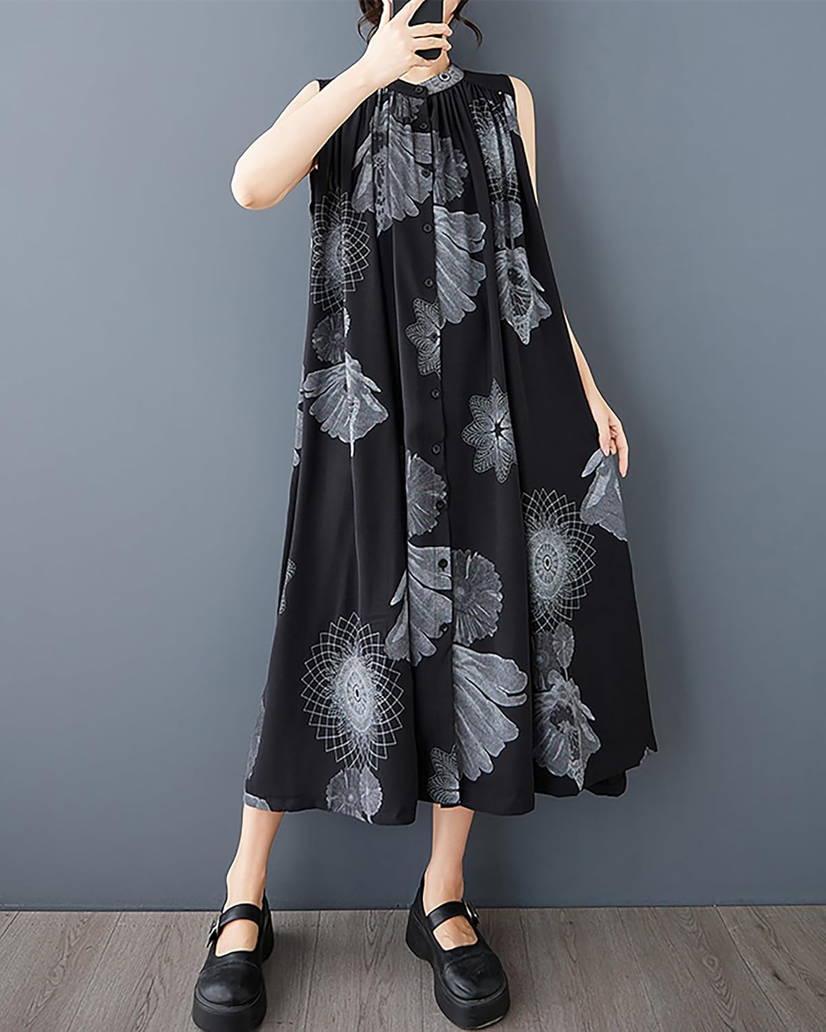 ellazhu Women's Shirt Dress Crewneck Sleeveless Two Side Pockets Patterned Flowy Hem Casual GZ399