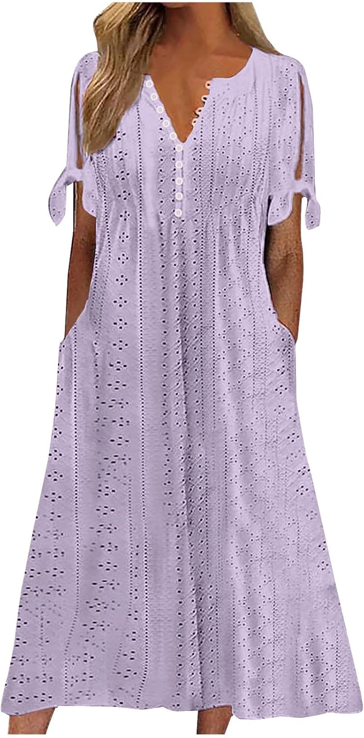 Boho Dresses for Women 2024 Fashion Summer Short Sleeve Eyelet Notch V Neck Sundress Beach Casual Maxi Long Dress