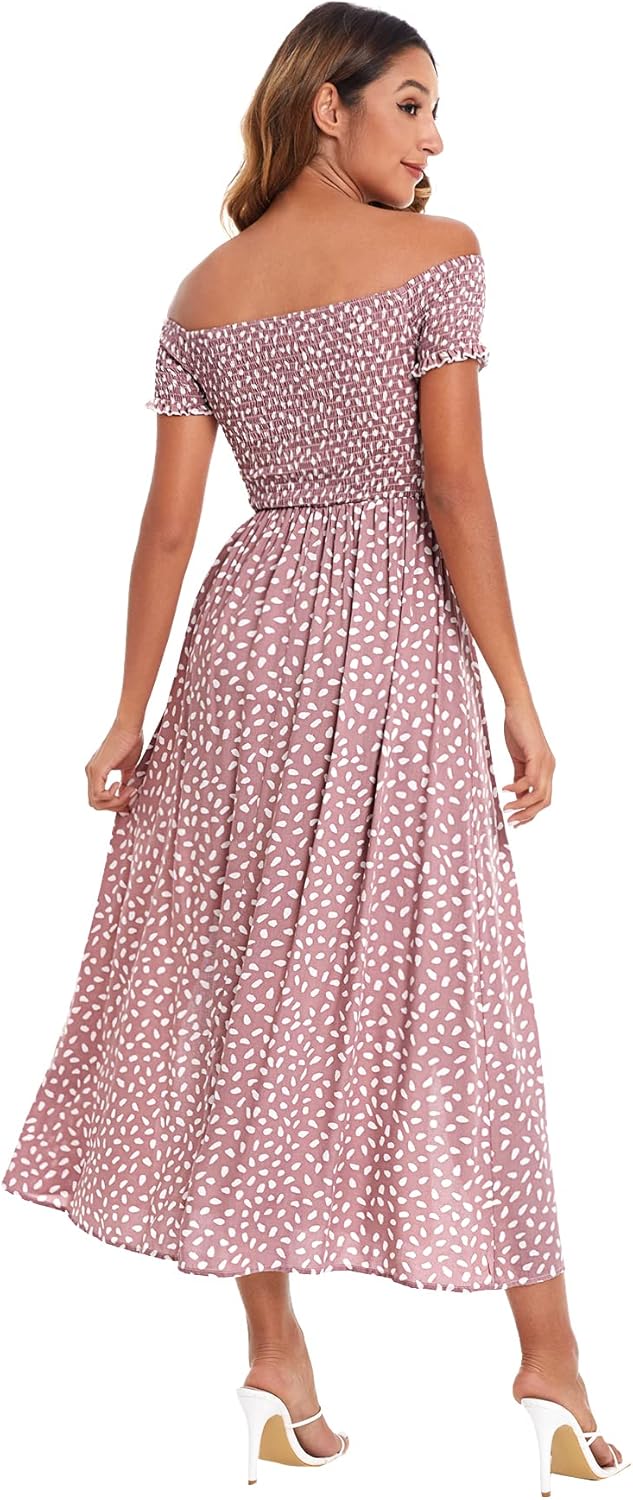 Floerns Women's Boho Floral Print Off Shoulder Split Long A Line Dress