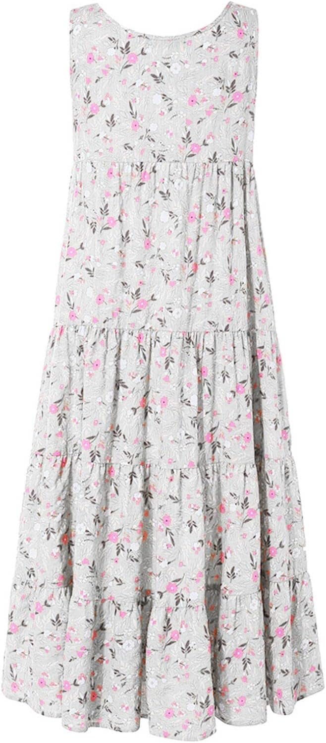 Ceboyel Women Boho Floral Maxi Dresses Flowy Tank Dress Sleeveless Smocked Sundresses Trendy Casual Beach Long Sun Dress