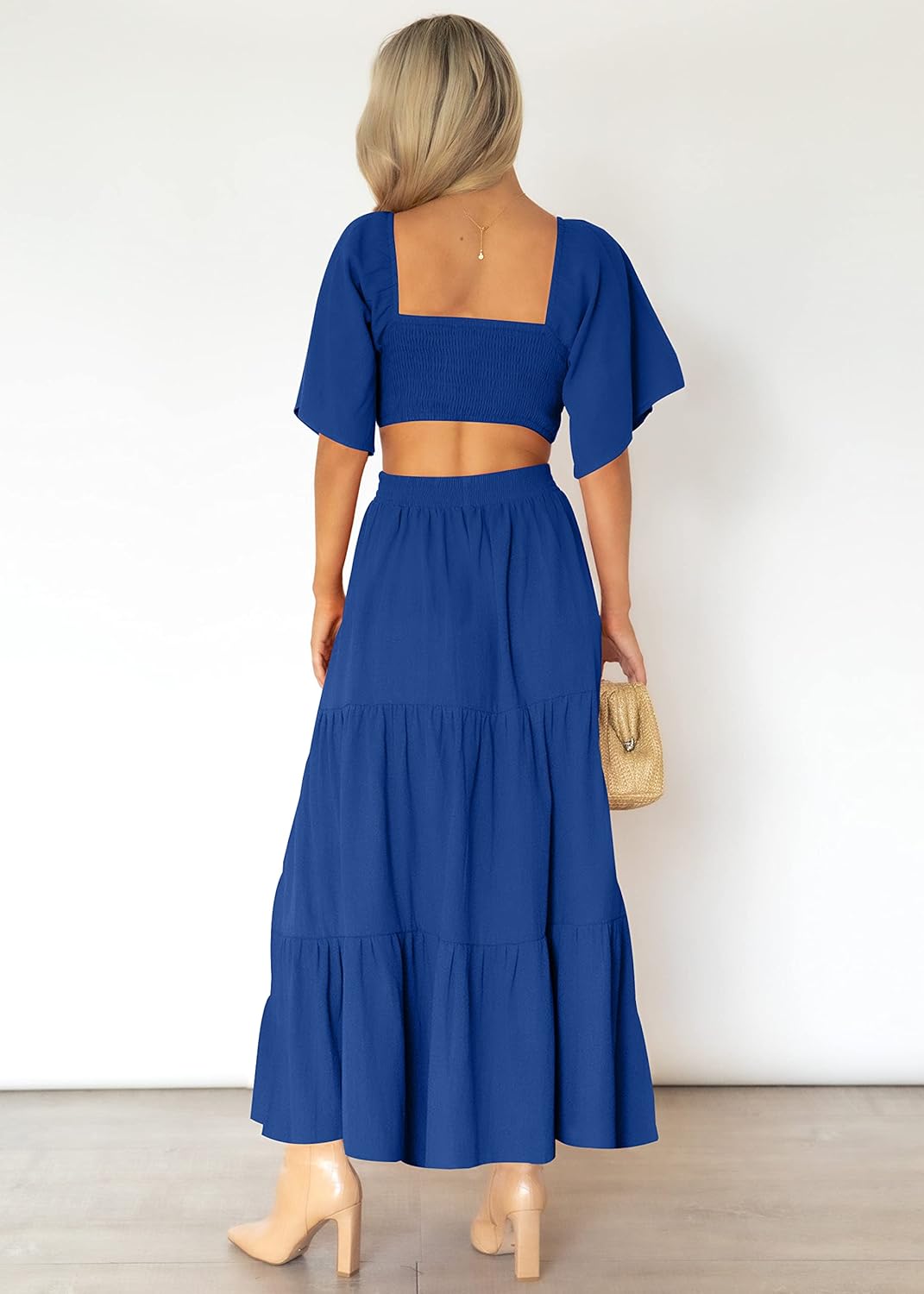 LEANI Women's 2025 Summer Cutout Maxi Dress Square Neck Short Sleeve Crossover Waist Casual Party Dresses