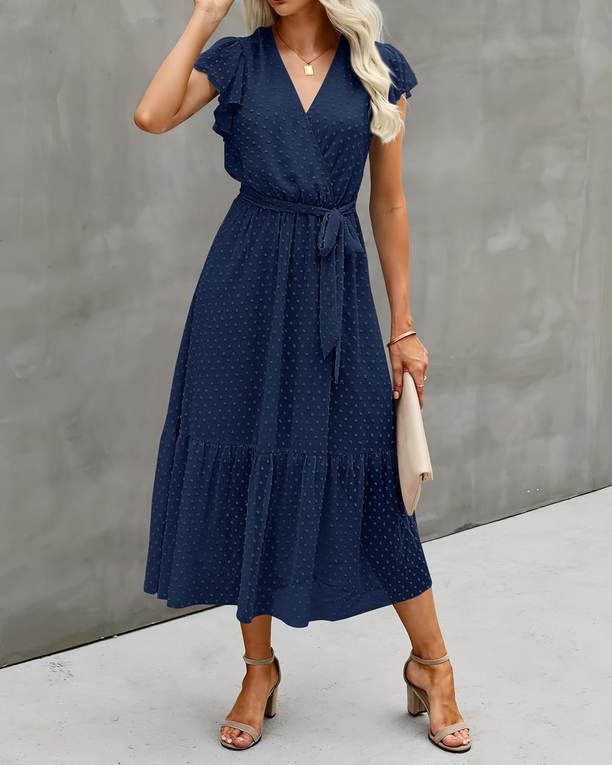 BTFBM Women Summer Bohemian Floral Casual Wrap V Neck Ruffle Cap Sleeveless Belt A-Line Pleated Hem Midi Sun Dress White