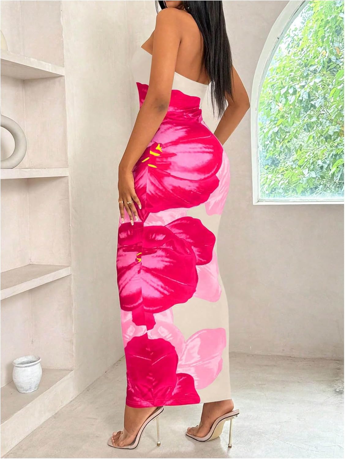 GORGLITTER Women's Floral Strapless Tube Dress Sleeveless Bodycon Maxi Dress Wedding Guest Long Dress