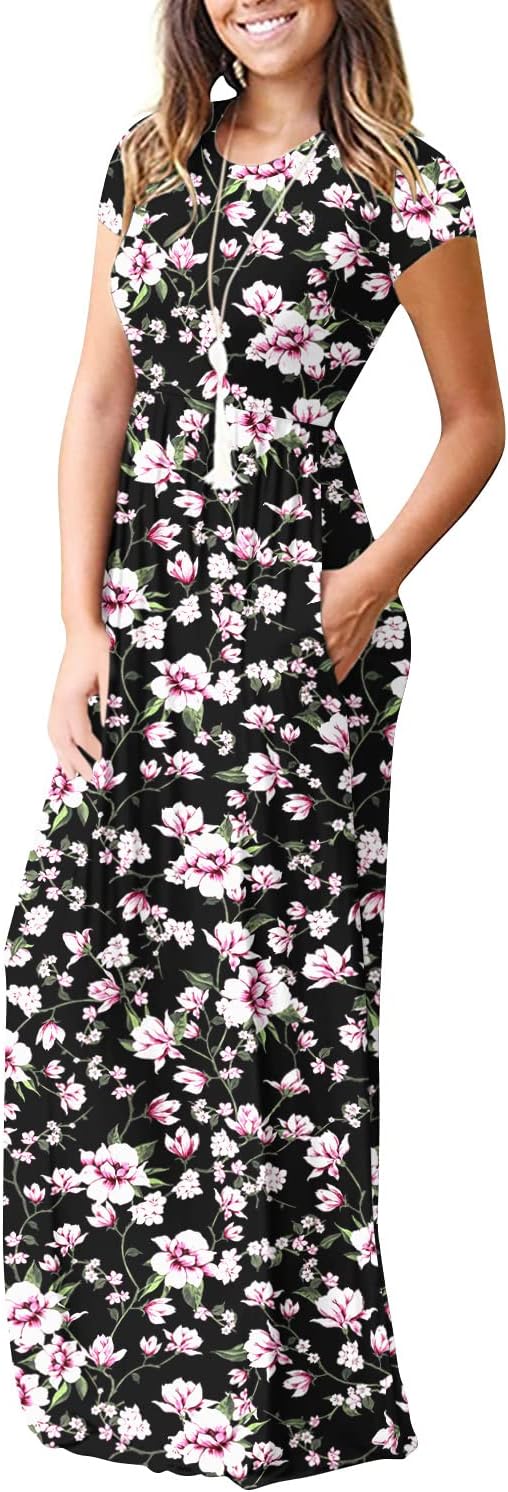 DEARCASE Maxi Dress for Women Short Sleeve Casual Summer Loose Plain Comfy Long Dresses with Pockets