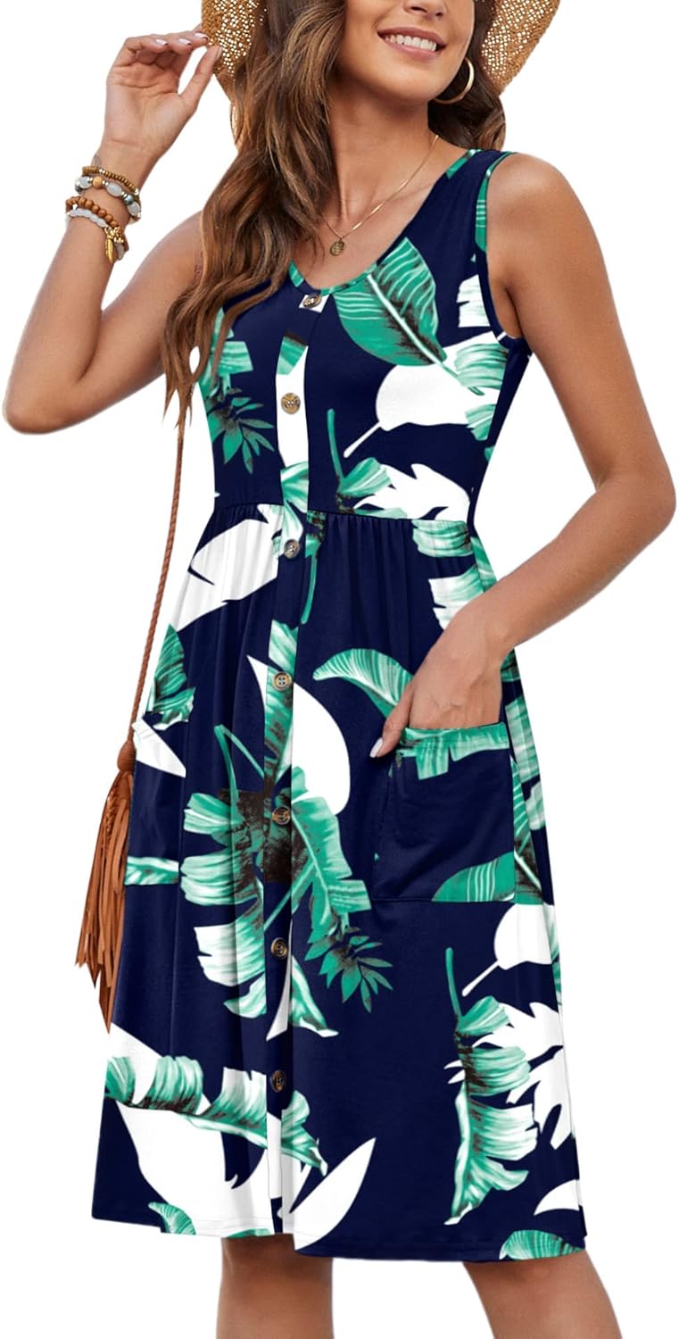 MOLERANI Women Summer Dresses Sleeveless Casual Loose Swing Button Down Midi Dress with Pockets