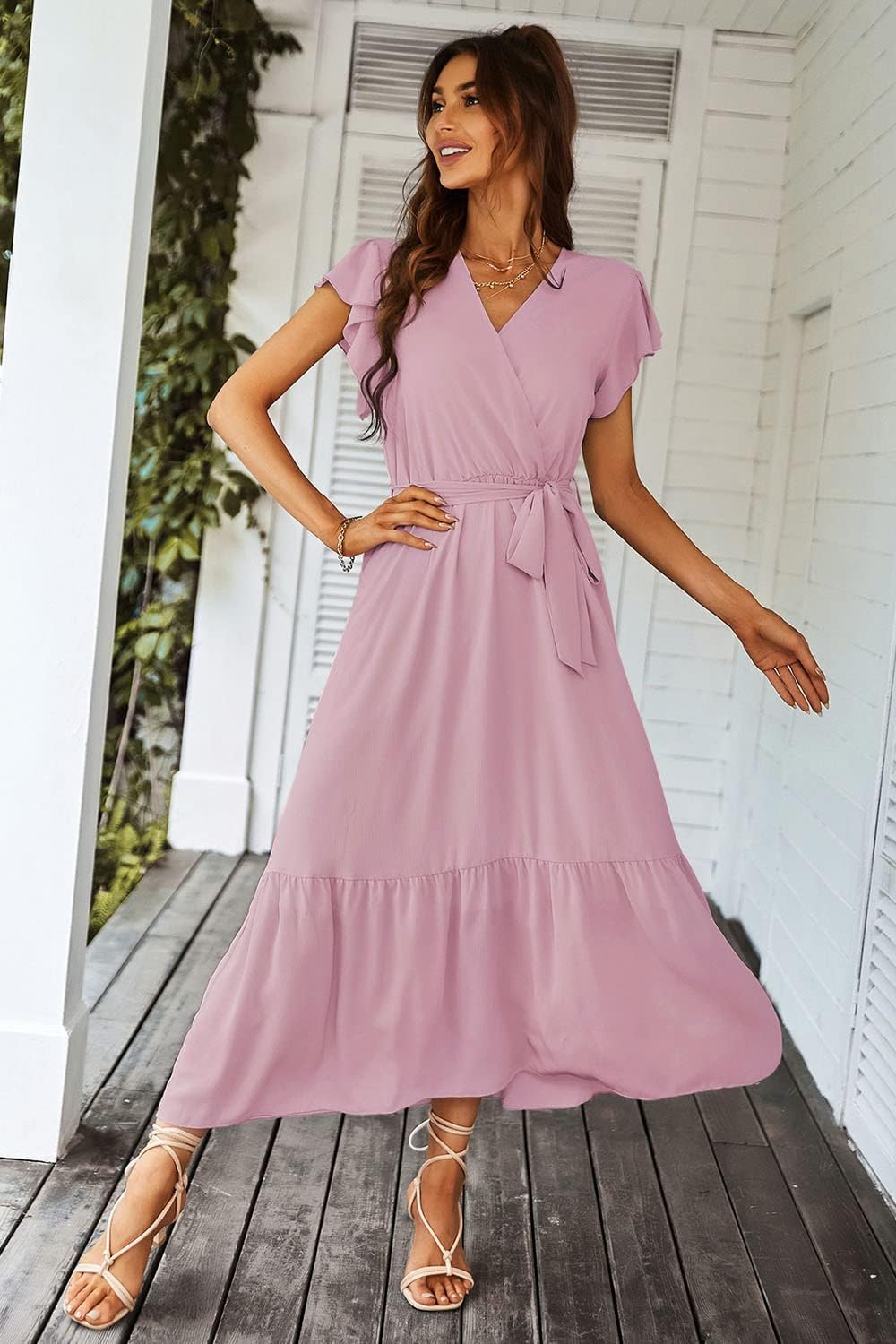 PRETTYGARDEN Women's Summer Floral Boho Dress Wrap V Neck Short Sleeve Ruffle A-Line Flowy Maxi Wedding Guest Dresses
