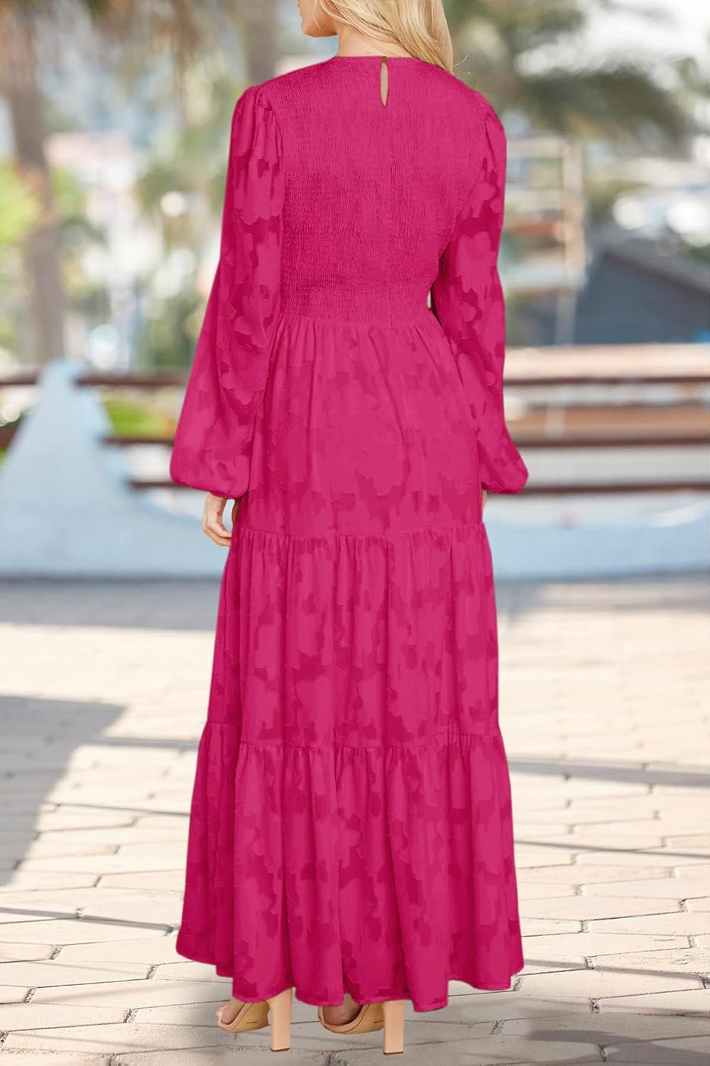 MITILLY Women's Elegant Floral Long Sleeve Round Neck Smocked A-Line Flowy Tiered Maxi Dress with Pockets