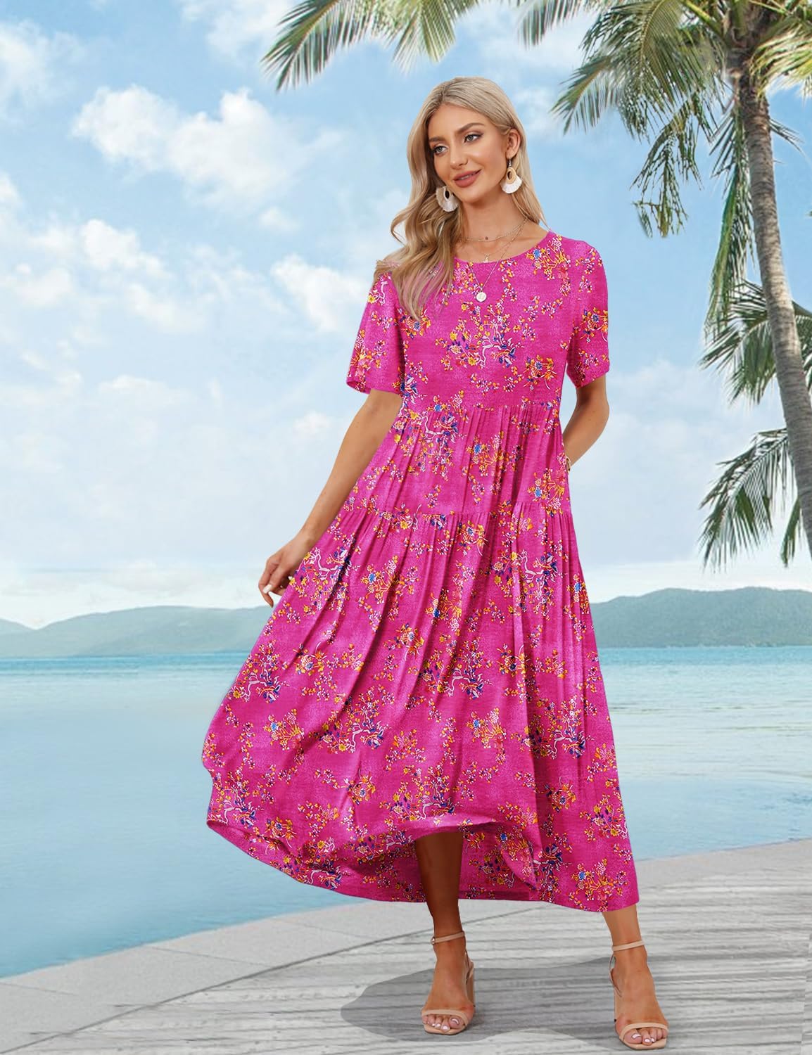 YESNO Women Casual Loose Bohemian Floral Dress with Pockets Short Sleeve Long Maxi Summer Beach Swing Dress EJF