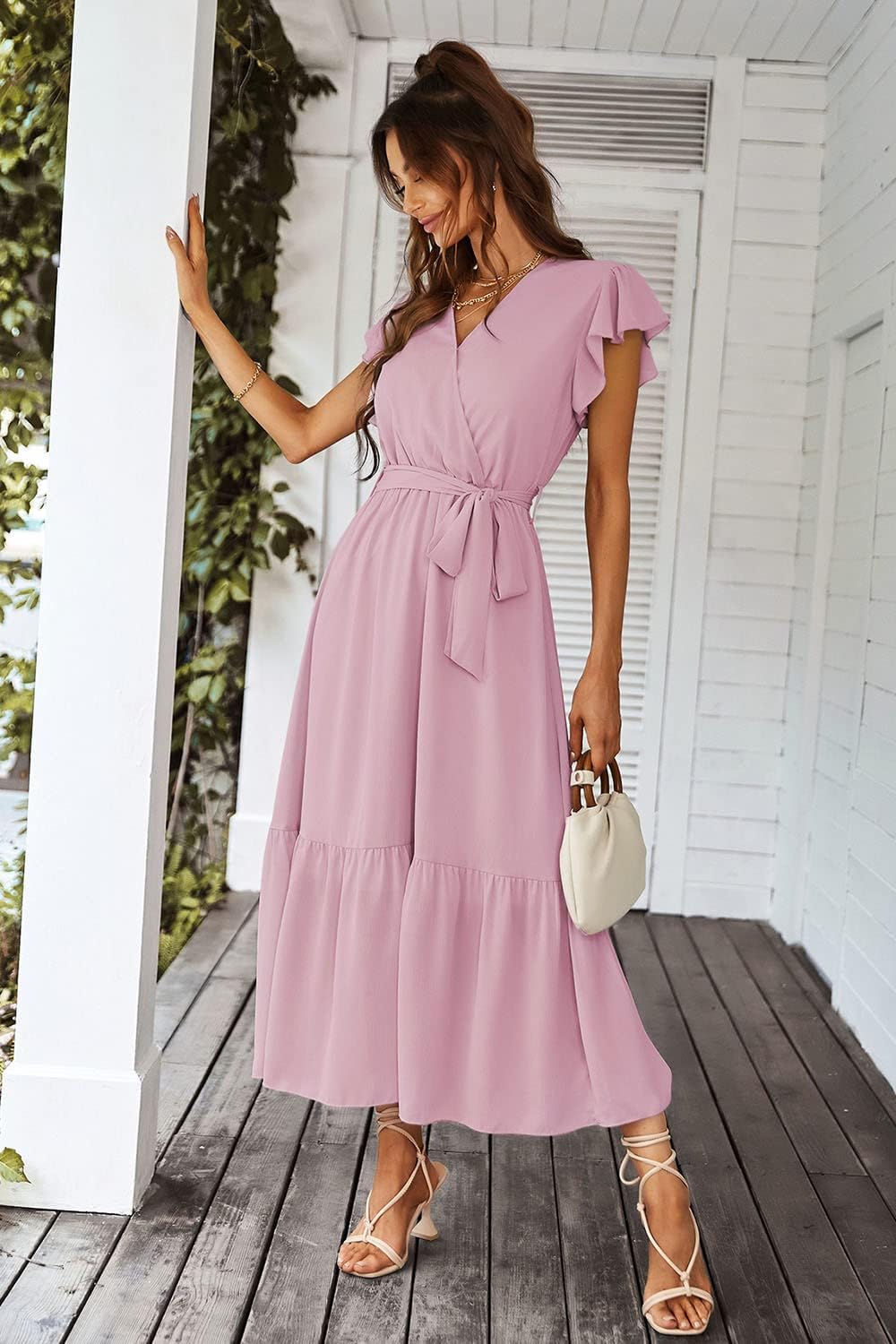 PRETTYGARDEN Women's Summer Floral Boho Dress Wrap V Neck Short Sleeve Ruffle A-Line Flowy Maxi Wedding Guest Dresses