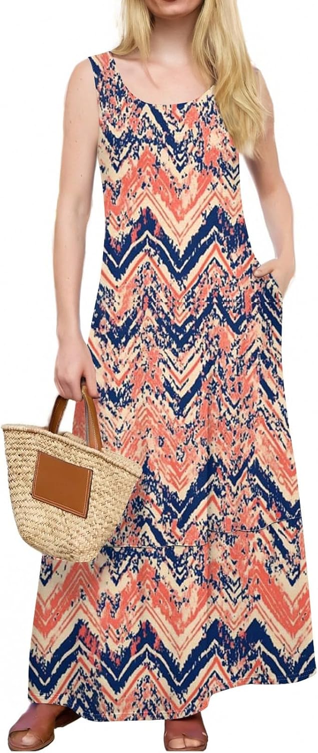 Womens Summer Tank Dress Vacation Boho Floral Long Dresses with Pockets Resort Wear Swing Beach Sleeveless Sundress