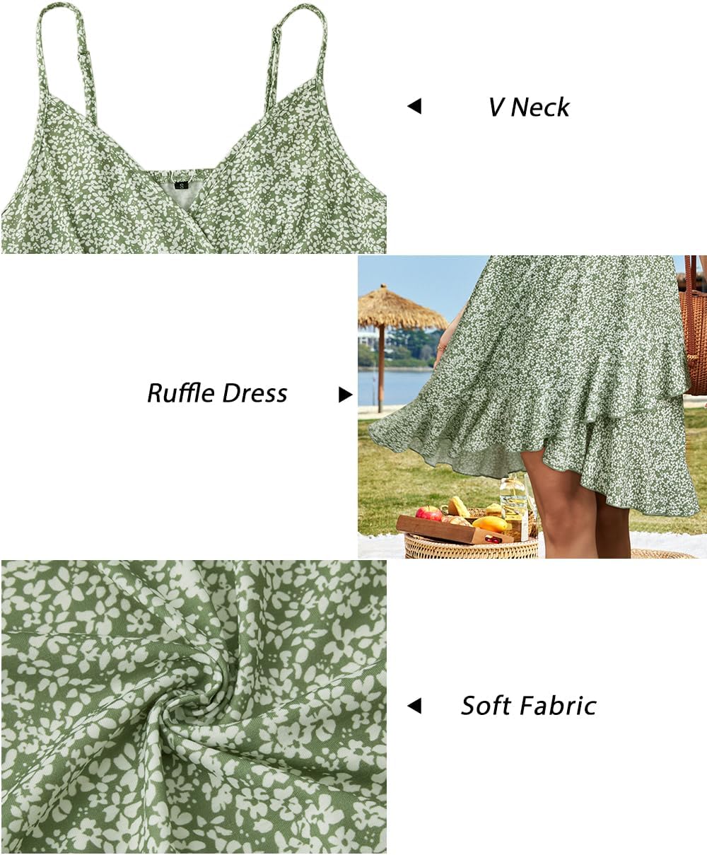 ULTRANICE Womens Summer Dresses Floral V Neck Ruffled Hem Spaghetti Spring Casual Beach Outfits Flowy Wrap Sun Dress