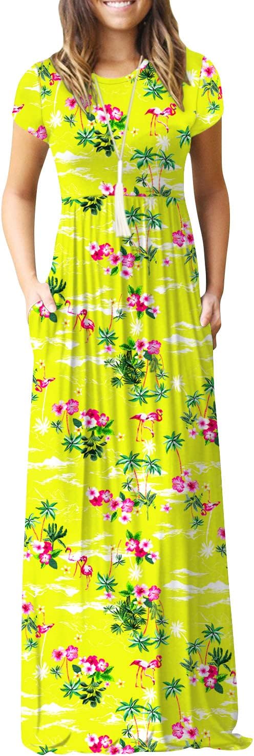 DEARCASE Maxi Dress for Women Short Sleeve Casual Summer Loose Plain Comfy Long Dresses with Pockets