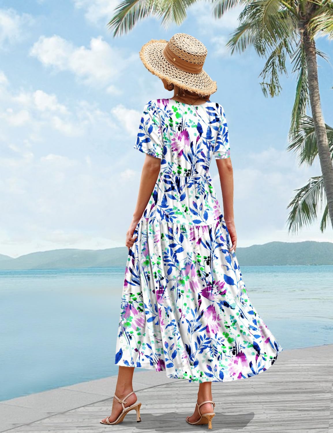 YESNO Women Casual Loose Bohemian Floral Dress with Pockets Short Sleeve Long Maxi Summer Beach Swing Dress EJF