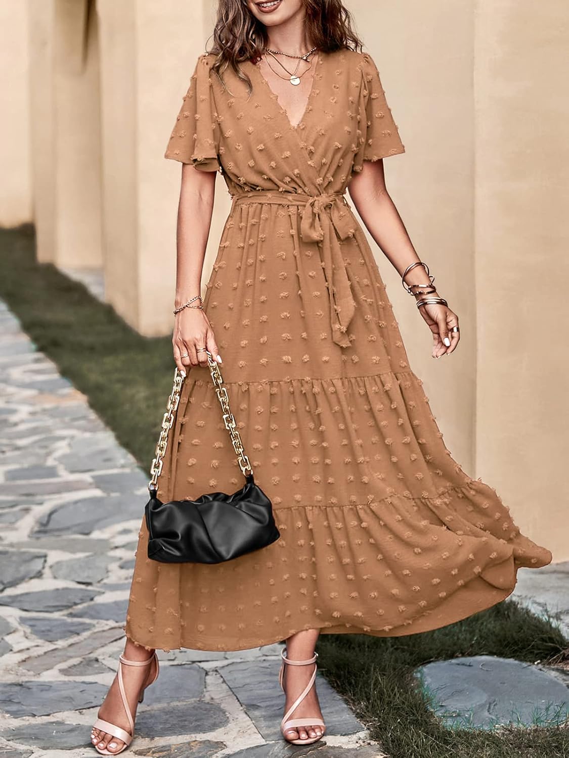 MASCOMODA Womens Boho Swiss Dot Maxi Dresses Wrap V Neck Flutter Short Sleeve Solid Tie Belt A Line Tiered Flowy Long Dress