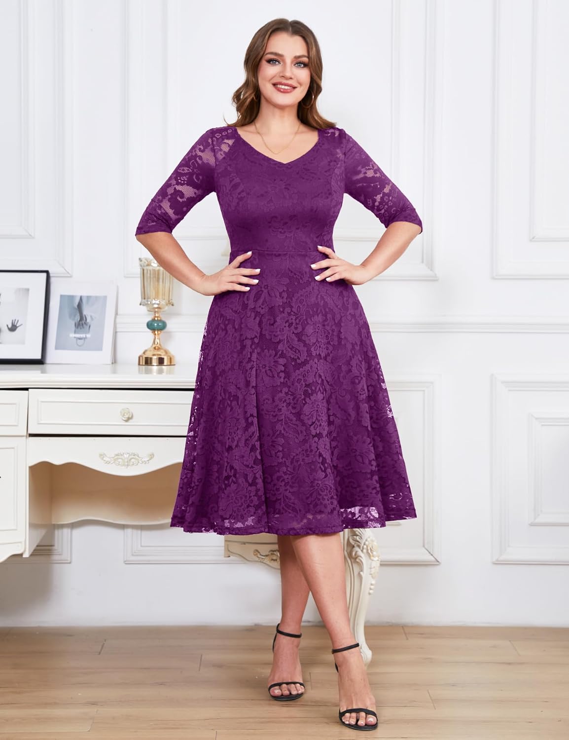 Dressystar Womens Long-Sleeve Wedding Guest Dress A-Line Lace Formal Party Cocktail Midi Dress Prom Gown