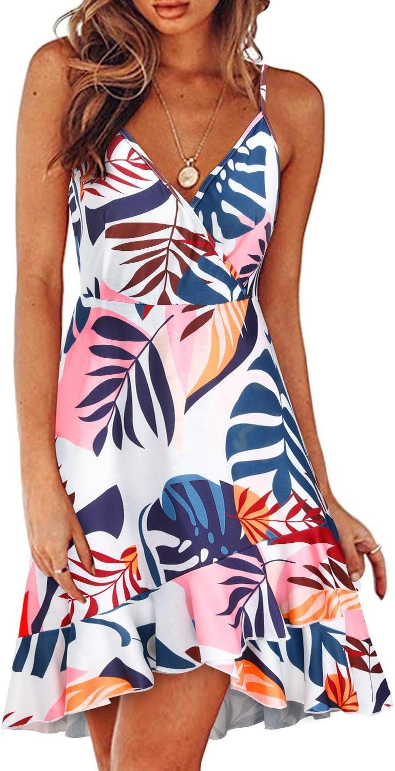 ULTRANICE Womens Summer Dresses Floral V Neck Ruffled Hem Spaghetti Spring Casual Beach Outfits Flowy Wrap Sun Dress