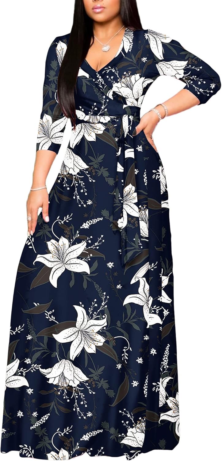 FANDEE Plus Size Maxi Dress for Women Casual Summer Sundress V-Neck 3/4 Sleeve