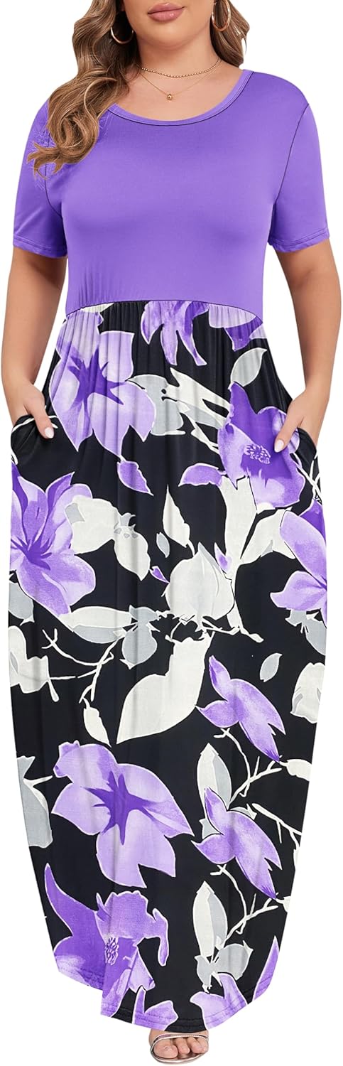 KARALIN Women’s Plus Size Maxi Dresses for Curvy Women Summer Casual Short Sleeve 2025 Long Dress 14W-26W