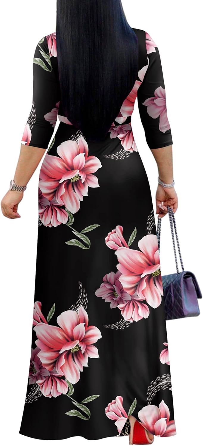 FANDEE Plus Size Maxi Dress for Women Casual Summer Sundress V-Neck 3/4 Sleeve