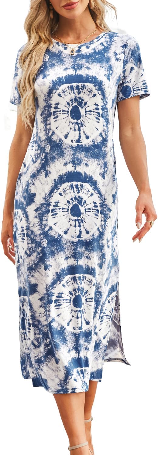 Naggoo Women's Short Sleeve Split Maxi Dress Casual Plain Tie Dye Print Tshirt Long Dresses with Pockets