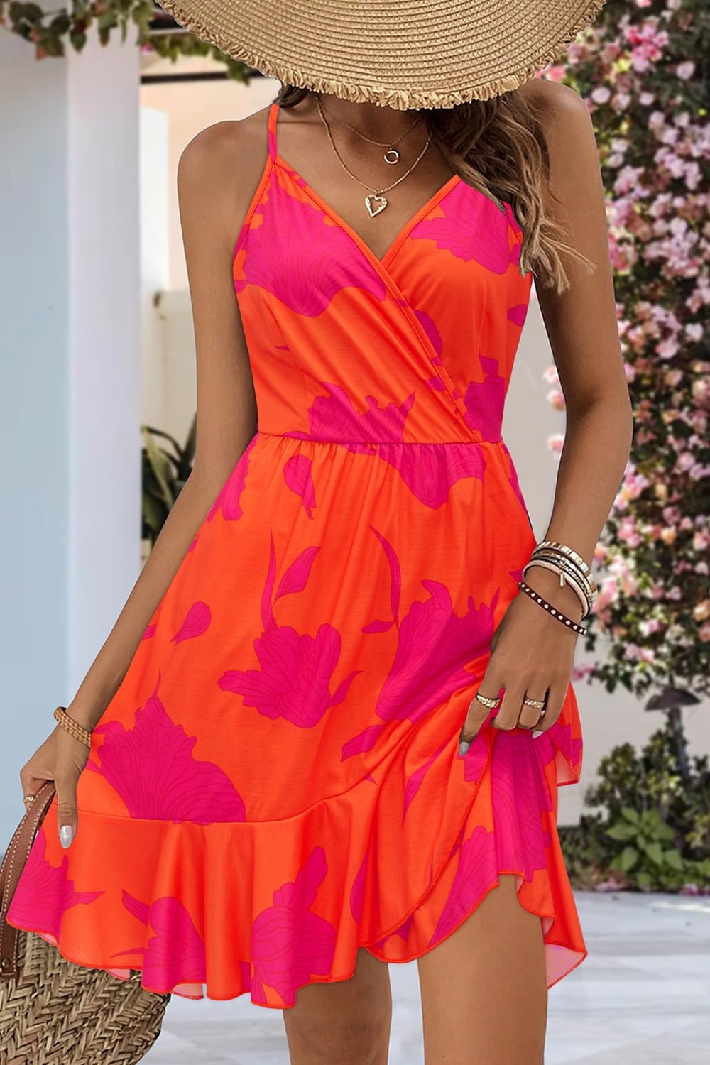 ULTRANICE Womens Summer Dresses Floral V Neck Ruffled Hem Spaghetti Spring Casual Beach Outfits Flowy Wrap Sun Dress