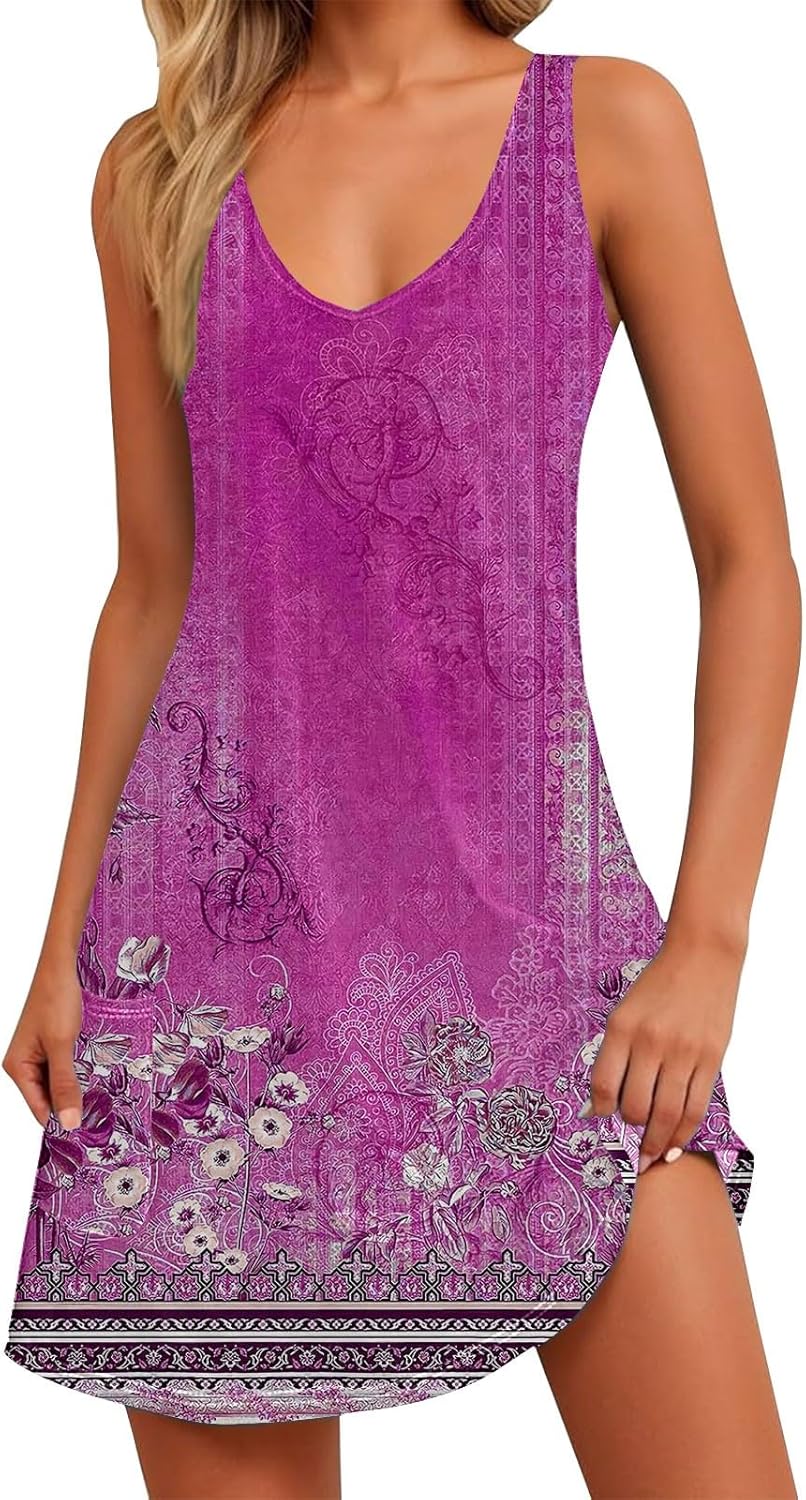 Women's Summer Dresses 2025 Beach Casual Sleeveless Floral Print Boho Tank Dress V Neck Ruffle Dresses