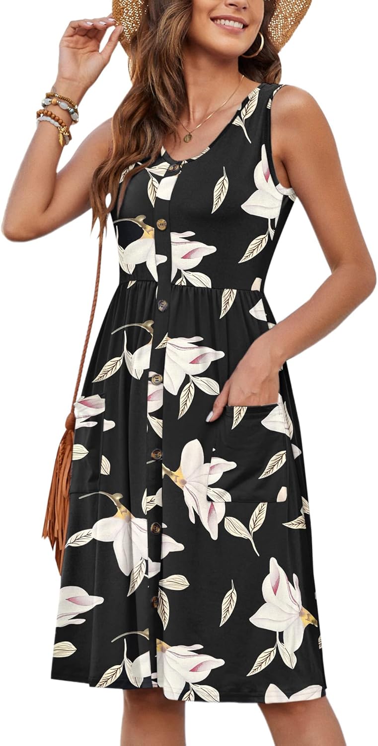 MOLERANI Women Summer Dresses Sleeveless Casual Loose Swing Button Down Midi Dress with Pockets