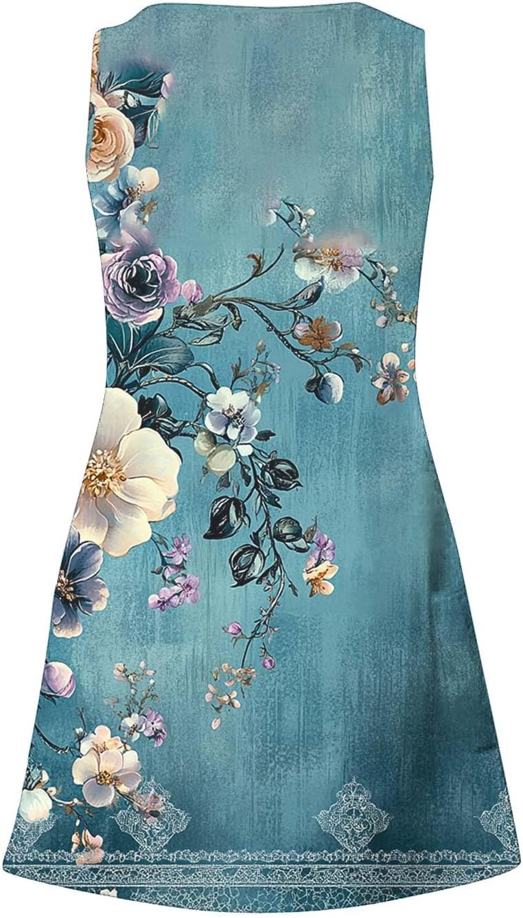 Womens 2025 Spring Summer Dresses Casual Floral Print V-Neck Tank Dress Curve Hem Pleated A-Line Sundresses