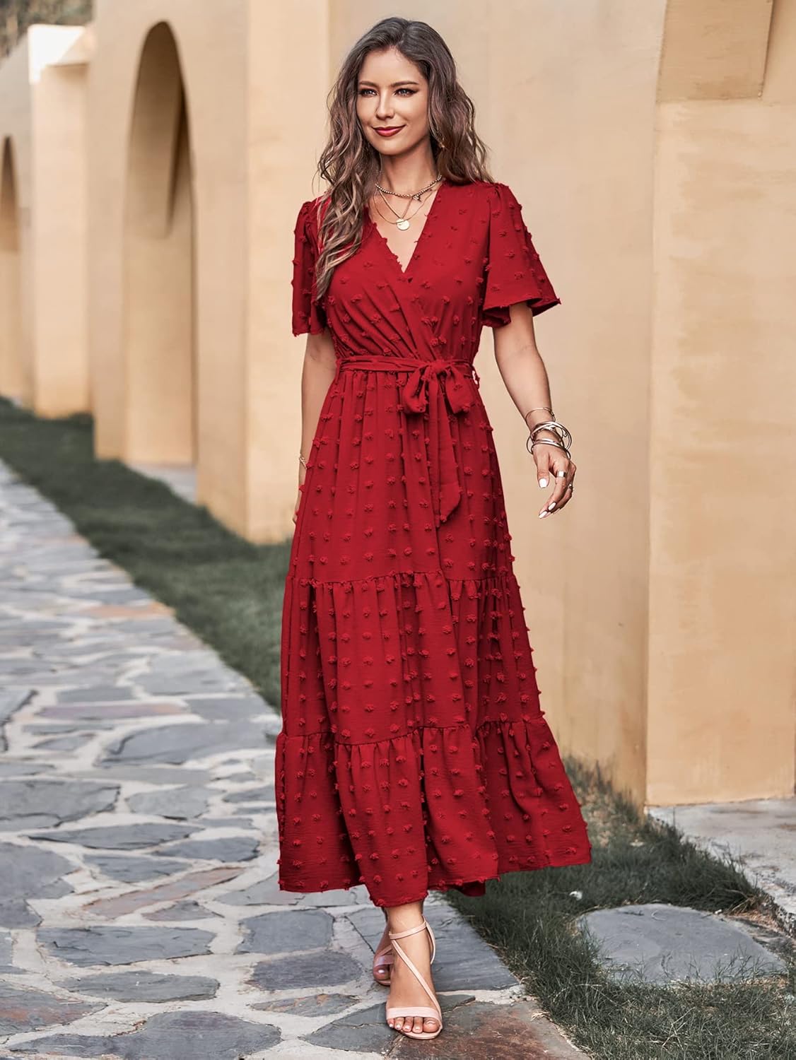 MASCOMODA Womens Boho Swiss Dot Maxi Dresses Wrap V Neck Flutter Short Sleeve Solid Tie Belt A Line Tiered Flowy Long Dress