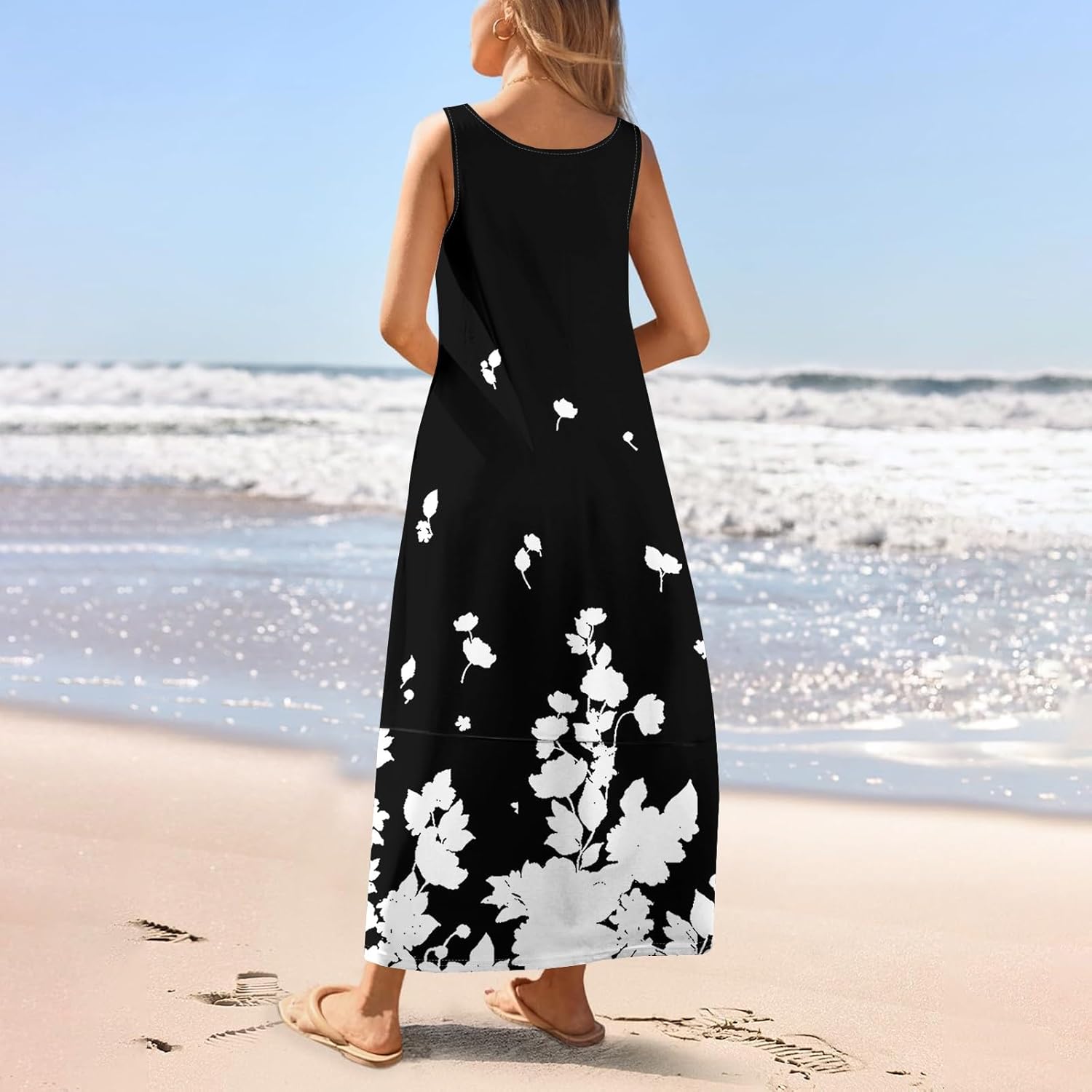 Womens Summer Tank Dress Vacation Boho Floral Long Dresses with Pockets Resort Wear Swing Beach Sleeveless Sundress