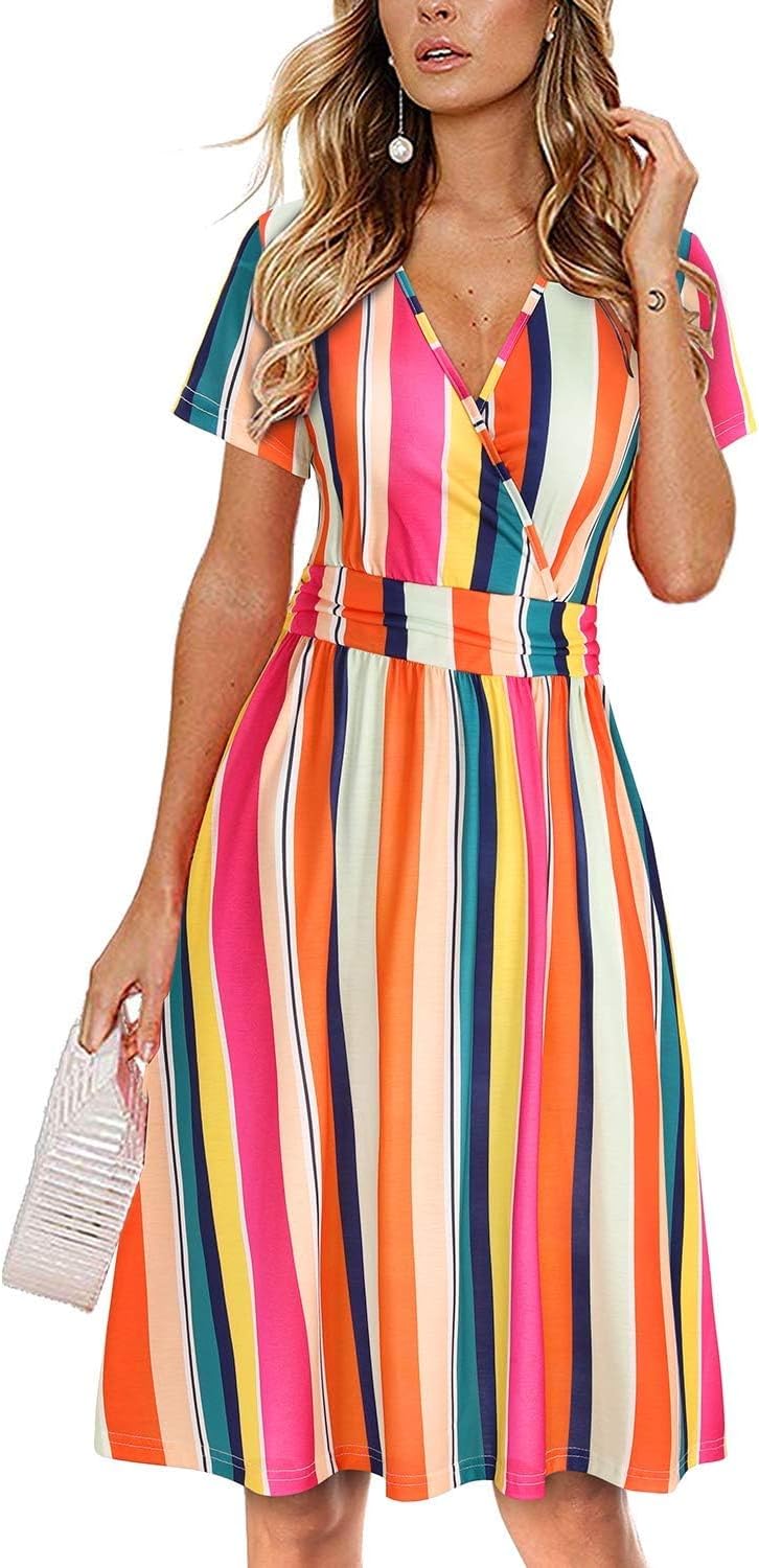 OUGES Women's Summer Short Sleeve V-Neck Floral Short Party Dress with Pockets