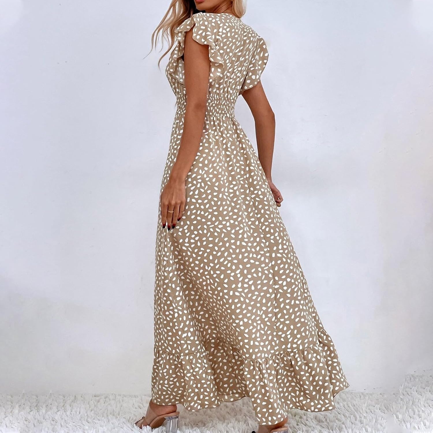 2024 Womens Summer Dresses Casual Boho Floral Ruffle Sleeve Midi Dresses Trendy Tie Waist V-Neck Sundress Beach Dress