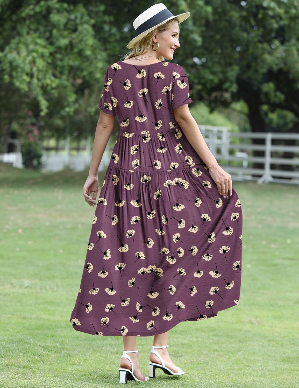 YESNO Women Casual Loose Bohemian Floral Dress with Pockets Short Sleeve Long Maxi Summer Beach Swing Dress EJF