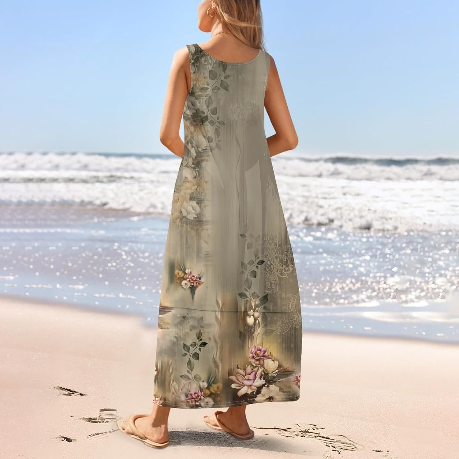 Womens Summer Tank Dress Vacation Boho Floral Long Dresses with Pockets Resort Wear Swing Beach Sleeveless Sundress