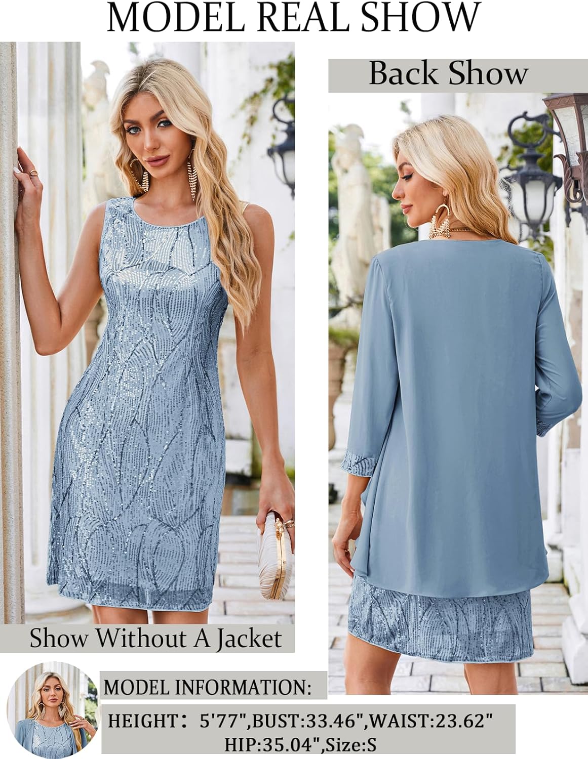 GRACE KARIN Sequin Dress for Women Knee Length Mother of the Bride Dresses Formal Dress Two Piece Dress with Chiffon Jacket