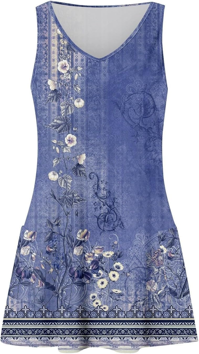 Women's Summer Dresses 2025 Beach Casual Sleeveless Floral Print Boho Tank Dress V Neck Ruffle Dresses