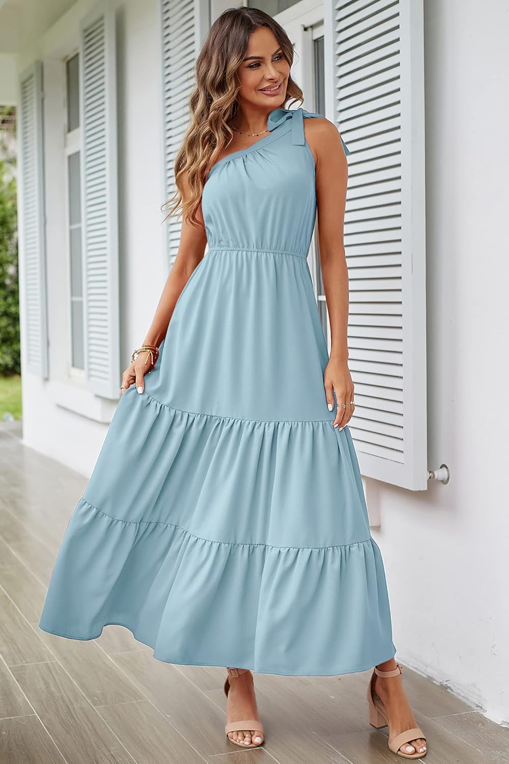 PRETTYGARDEN Women's Summer Floral Maxi Dress Knot One Shoulder Sleeveless Ruffle Flowy Boho Beach Wedding Guest Dresses