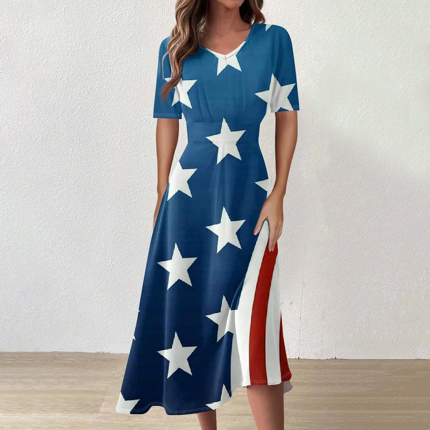 Women's Patriotic Star Print Midi Short Sleeve V-Neck Casual A-Line Dress for Summer Parties & Events