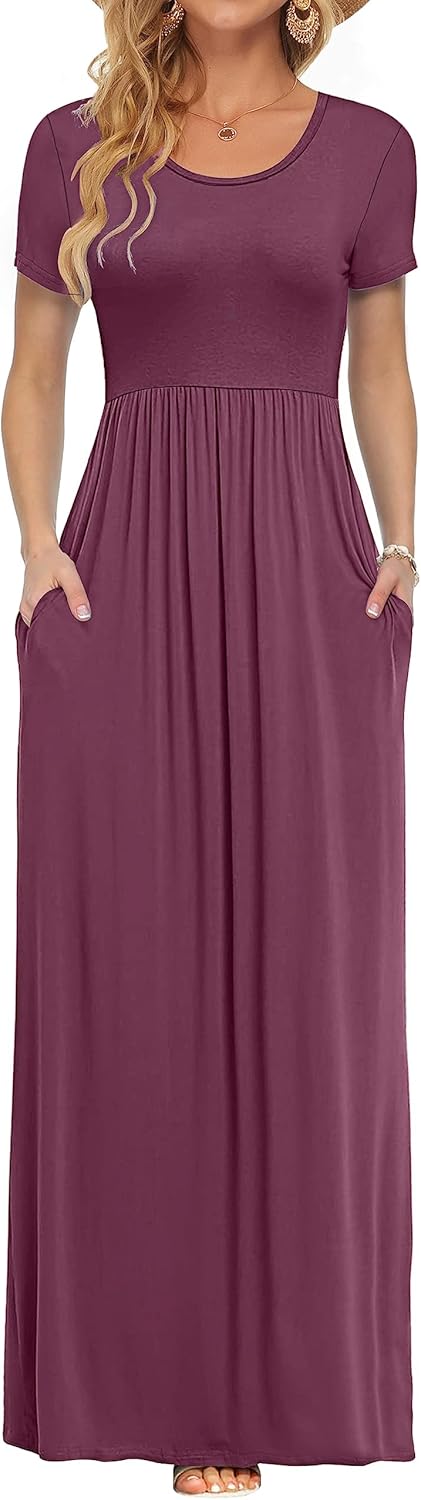 AUSELILY Women's Short Sleeve Loose Plain Casual Long Maxi Dresses for Women 2025
